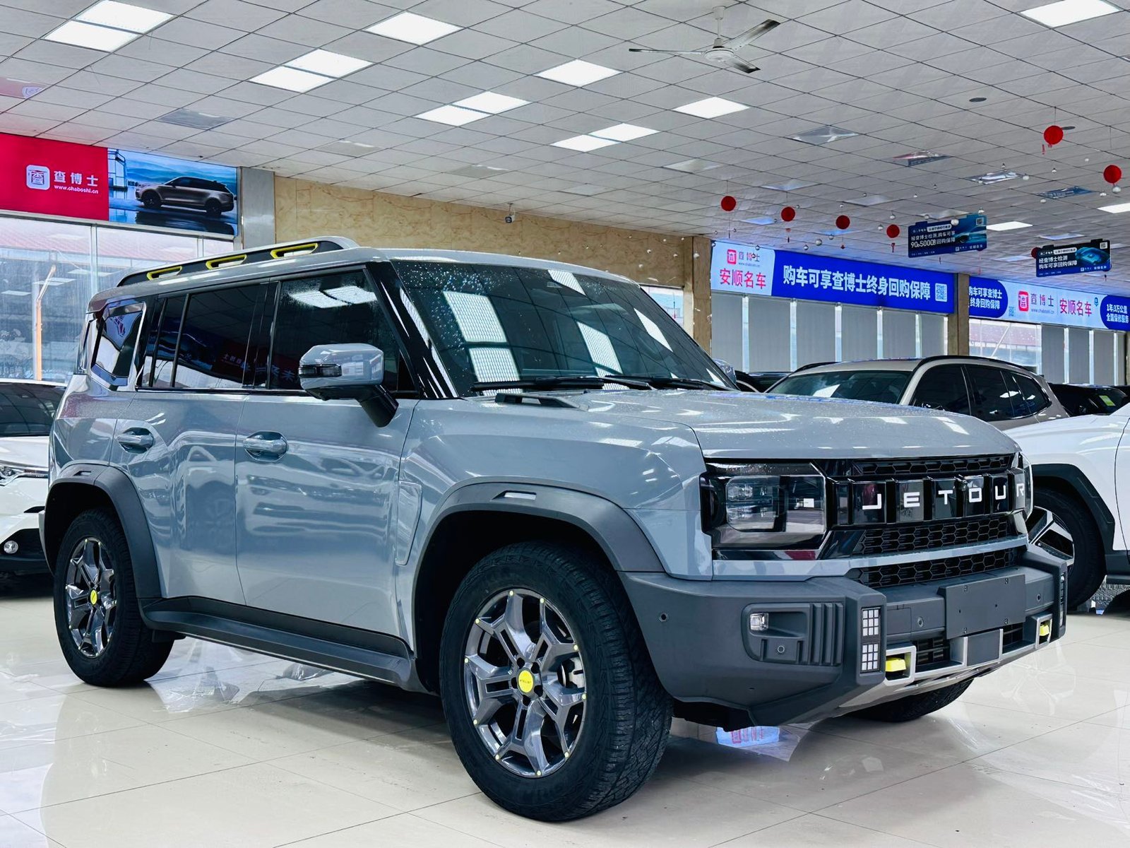 Grey Jetour T2 SUV in a showroom in China